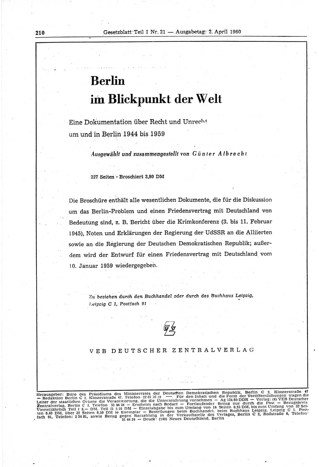 Gesetzblatt (GBl.) der Deutschen Demokratischen Republik (DDR) Teil Ⅰ 1960, Seite 210 (GBl. DDR Ⅰ 1960, S. 210)