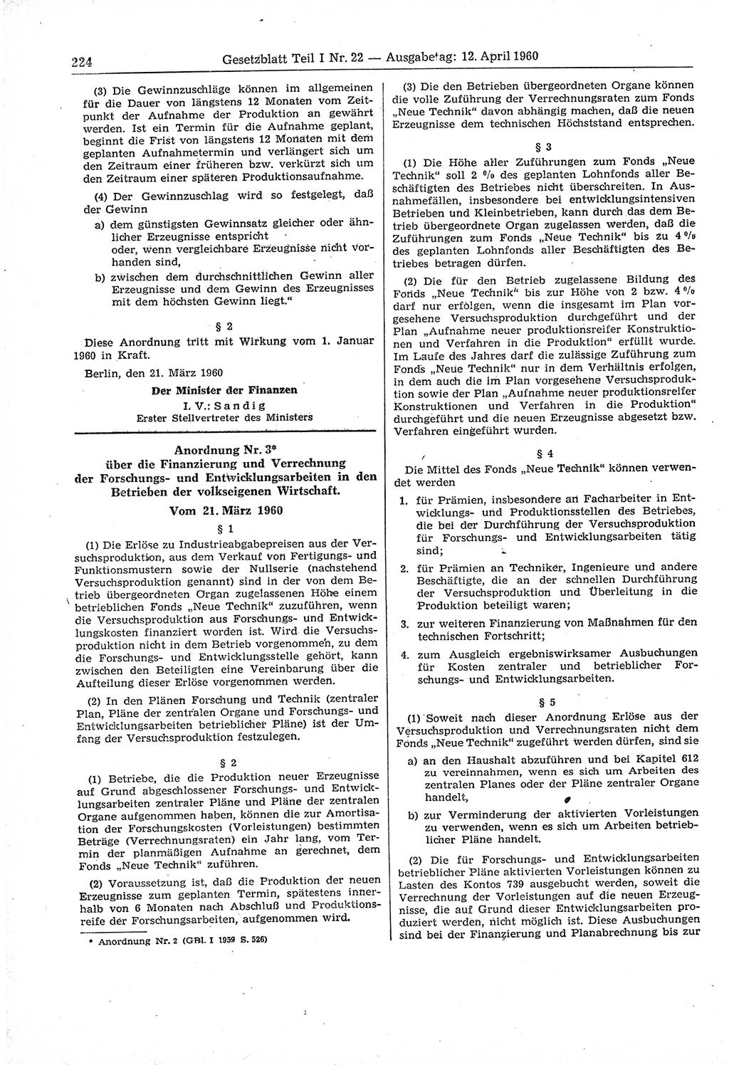 Gesetzblatt (GBl.) der Deutschen Demokratischen Republik (DDR) Teil Ⅰ 1960, Seite 224 (GBl. DDR Ⅰ 1960, S. 224)