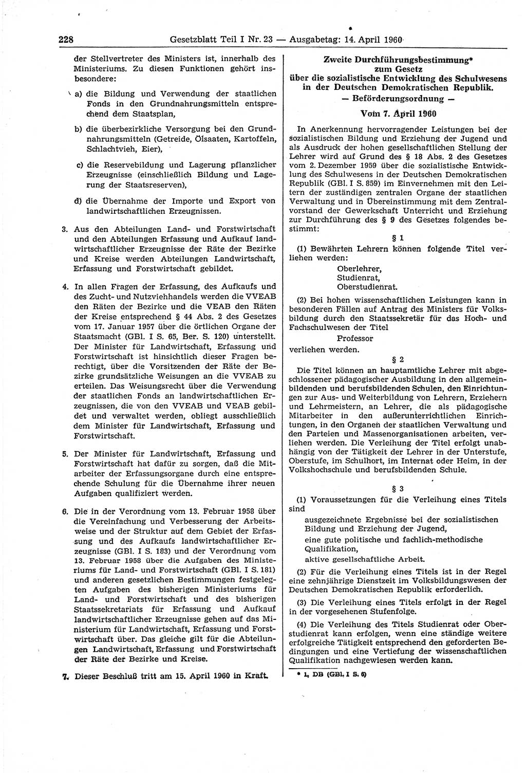 Gesetzblatt (GBl.) der Deutschen Demokratischen Republik (DDR) Teil Ⅰ 1960, Seite 228 (GBl. DDR Ⅰ 1960, S. 228)