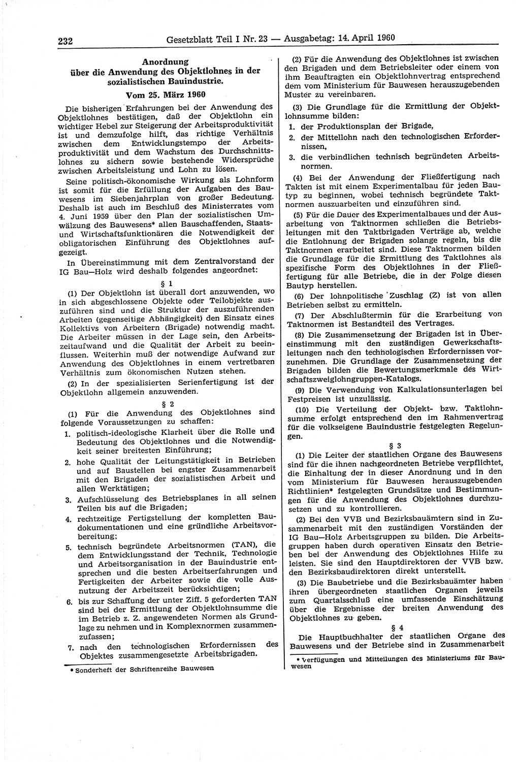 Gesetzblatt (GBl.) der Deutschen Demokratischen Republik (DDR) Teil Ⅰ 1960, Seite 232 (GBl. DDR Ⅰ 1960, S. 232)