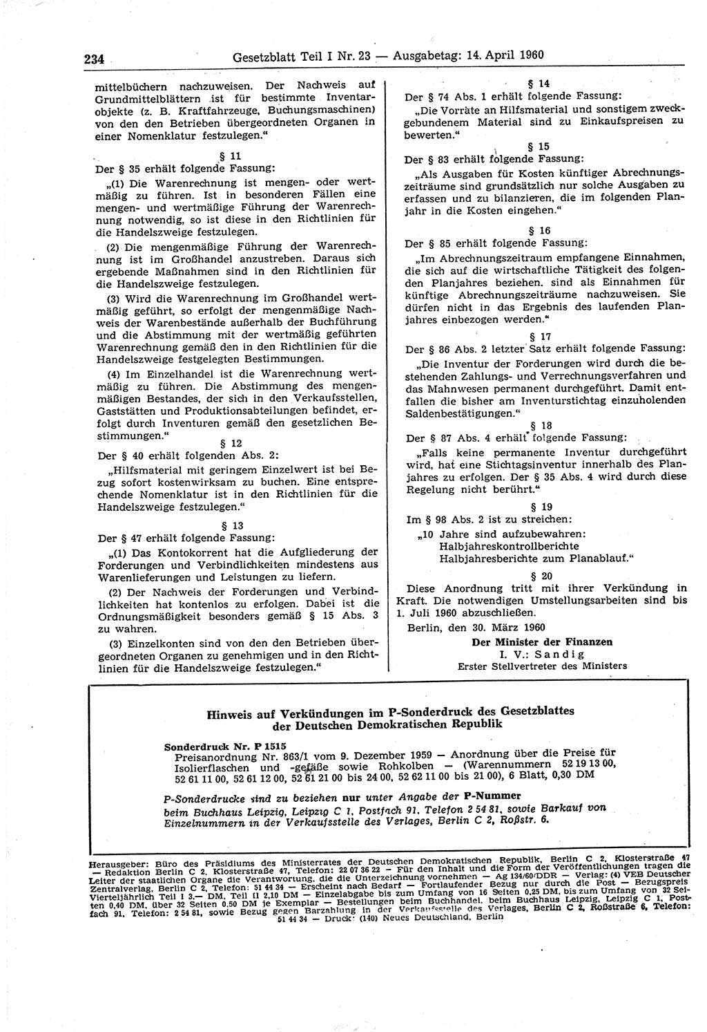 Gesetzblatt (GBl.) der Deutschen Demokratischen Republik (DDR) Teil Ⅰ 1960, Seite 234 (GBl. DDR Ⅰ 1960, S. 234)
