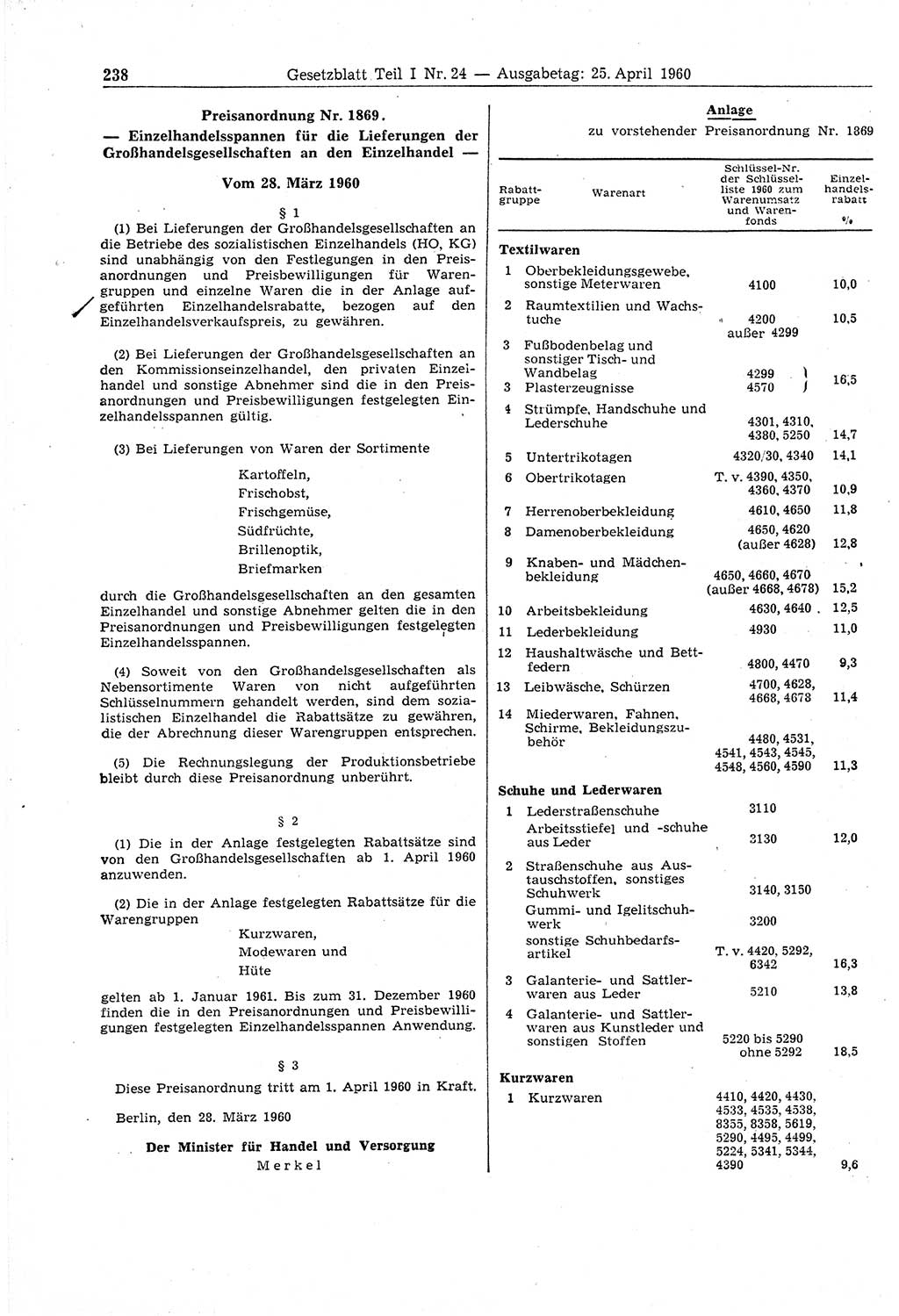 Gesetzblatt (GBl.) der Deutschen Demokratischen Republik (DDR) Teil Ⅰ 1960, Seite 238 (GBl. DDR Ⅰ 1960, S. 238)
