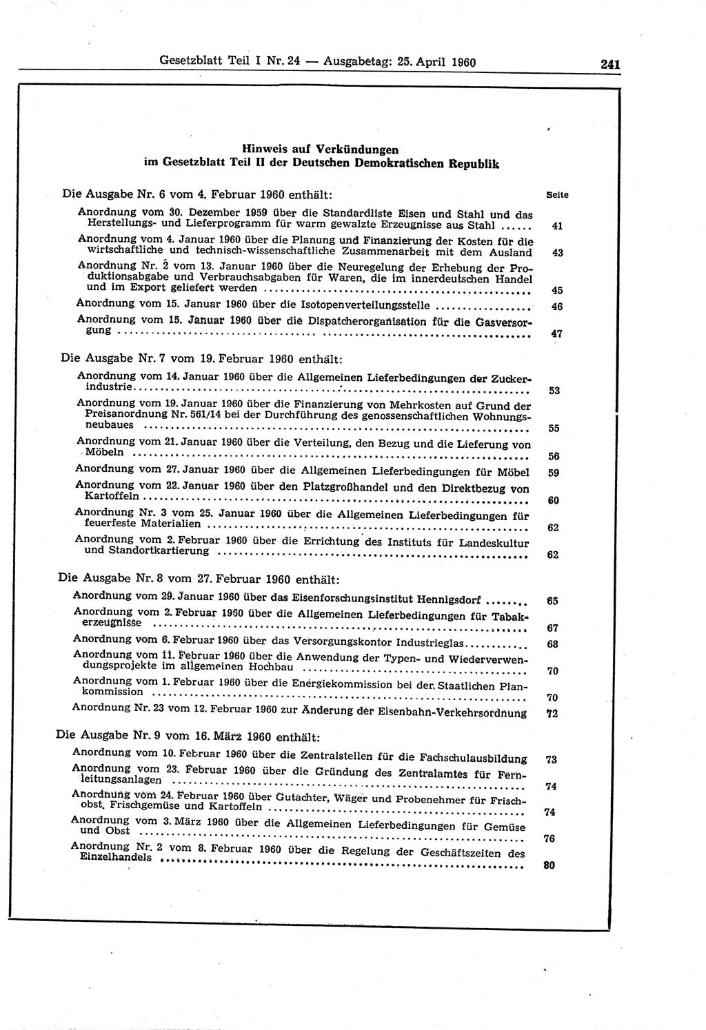 Gesetzblatt (GBl.) der Deutschen Demokratischen Republik (DDR) Teil Ⅰ 1960, Seite 241 (GBl. DDR Ⅰ 1960, S. 241)