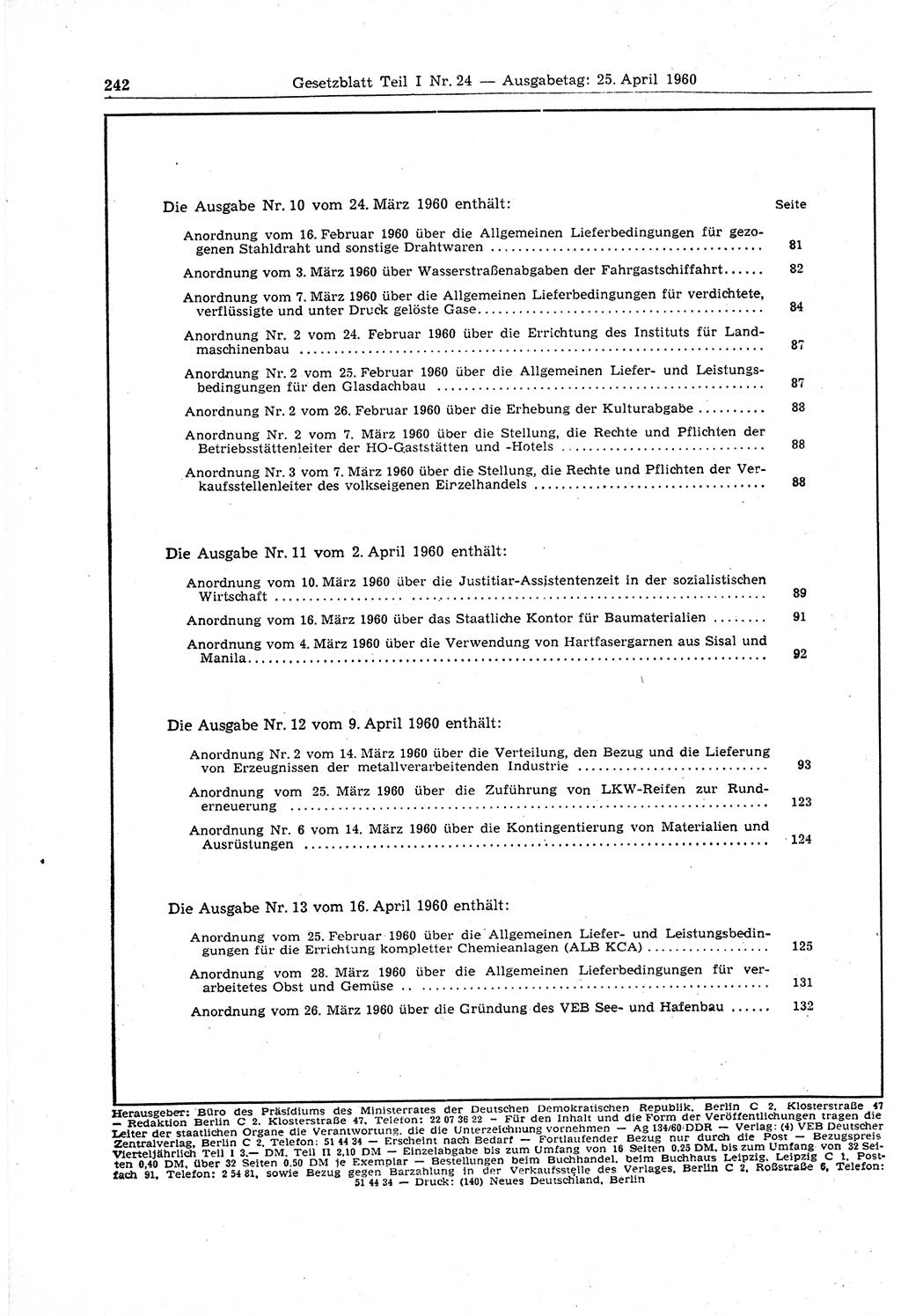 Gesetzblatt (GBl.) der Deutschen Demokratischen Republik (DDR) Teil Ⅰ 1960, Seite 242 (GBl. DDR Ⅰ 1960, S. 242)