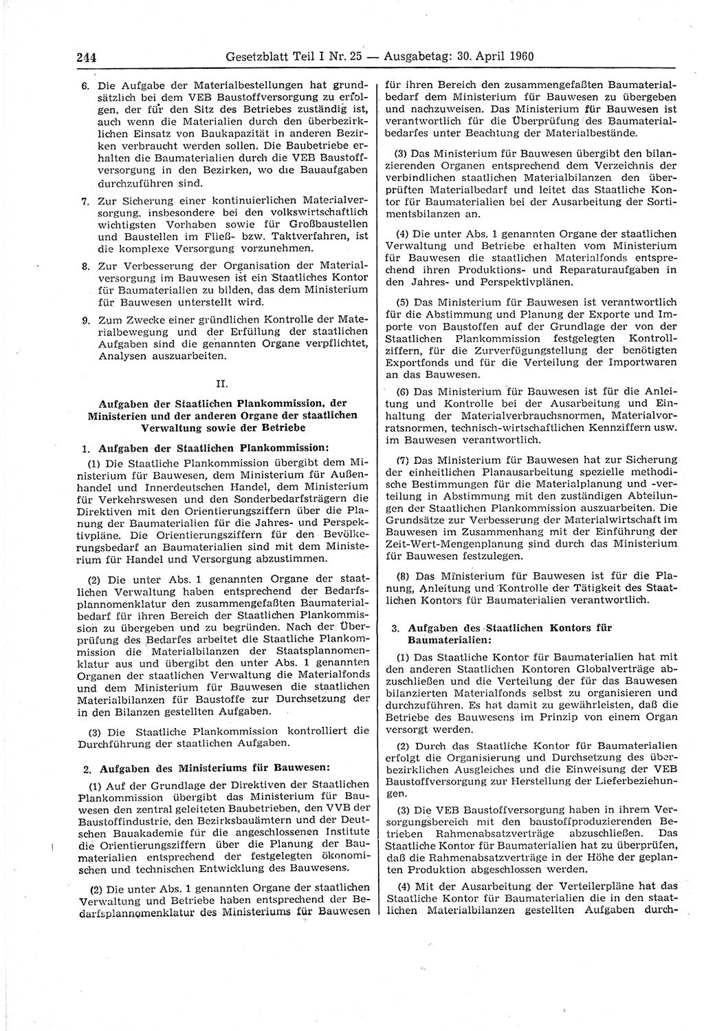 Gesetzblatt (GBl.) der Deutschen Demokratischen Republik (DDR) Teil Ⅰ 1960, Seite 244 (GBl. DDR Ⅰ 1960, S. 244)