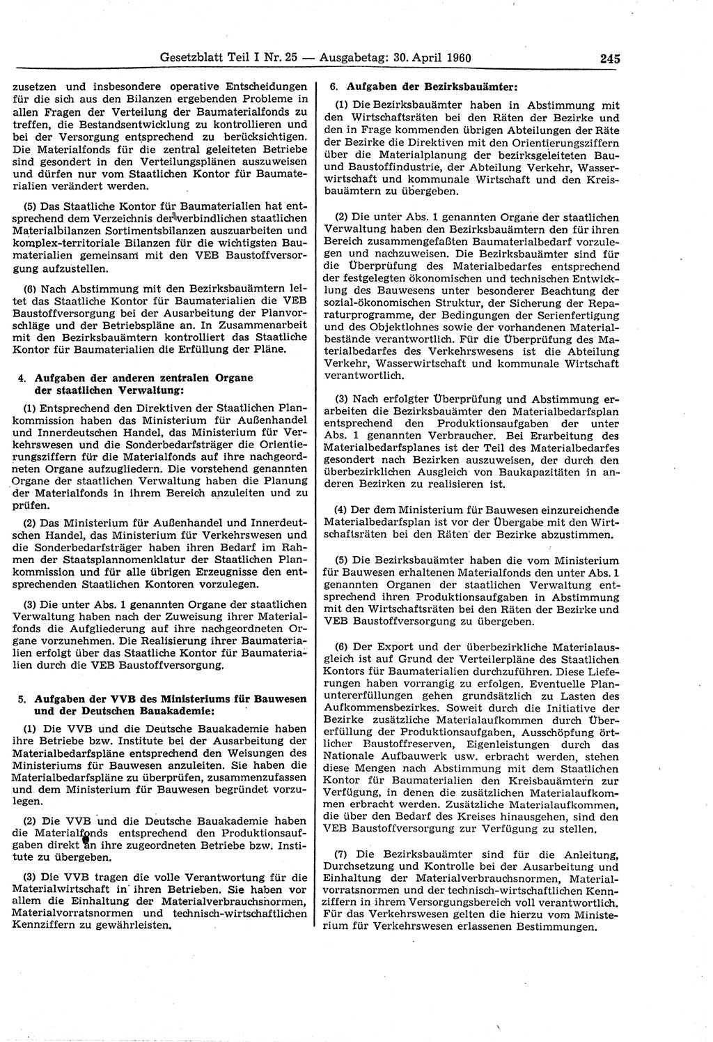 Gesetzblatt (GBl.) der Deutschen Demokratischen Republik (DDR) Teil Ⅰ 1960, Seite 245 (GBl. DDR Ⅰ 1960, S. 245)