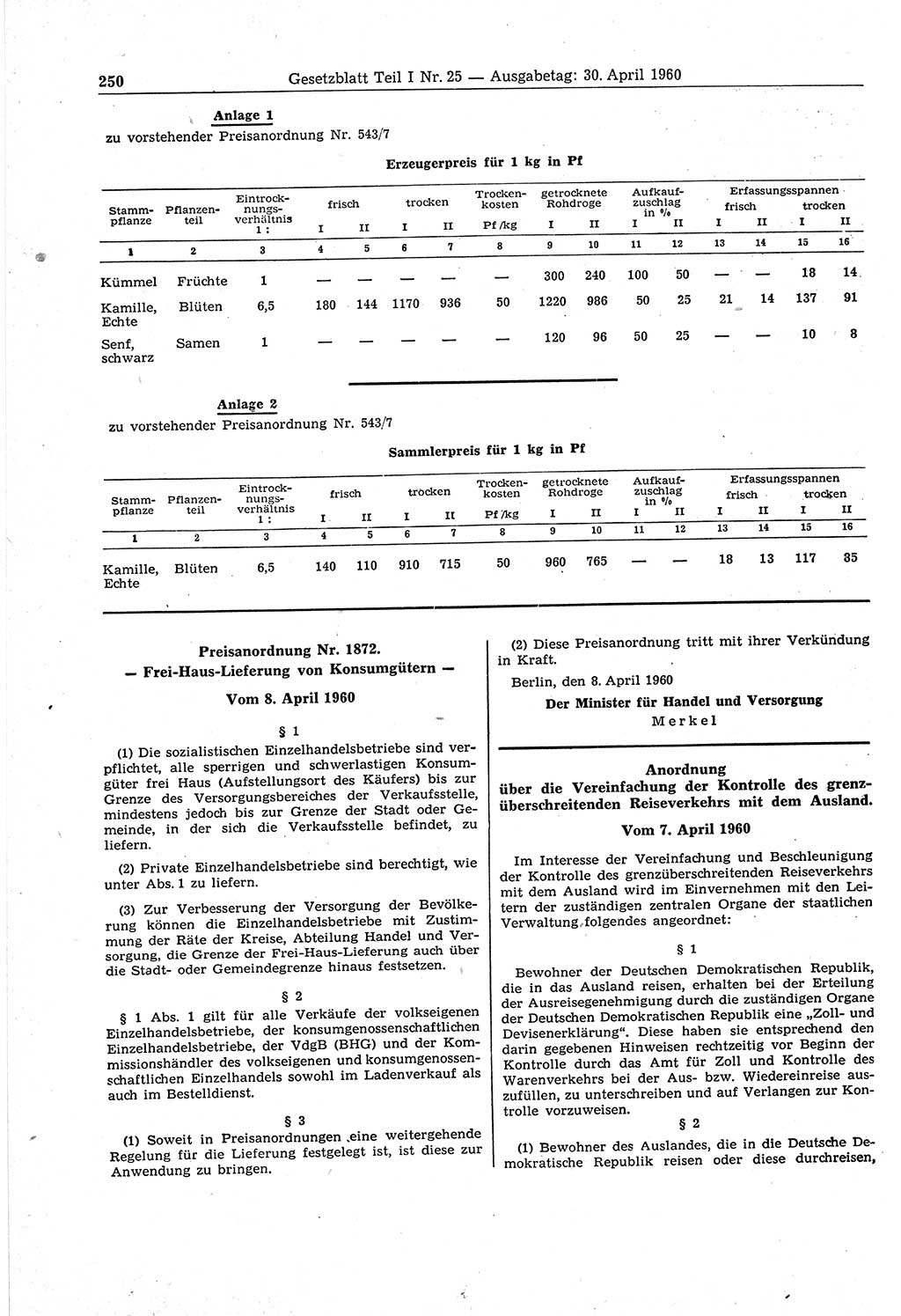 Gesetzblatt (GBl.) der Deutschen Demokratischen Republik (DDR) Teil Ⅰ 1960, Seite 250 (GBl. DDR Ⅰ 1960, S. 250)