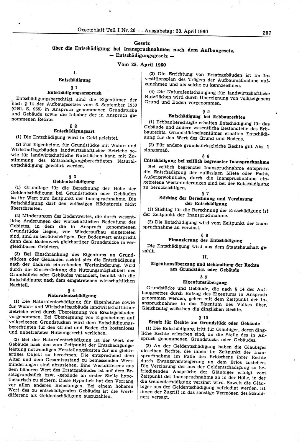 Gesetzblatt (GBl.) der Deutschen Demokratischen Republik (DDR) Teil Ⅰ 1960, Seite 257 (GBl. DDR Ⅰ 1960, S. 257)