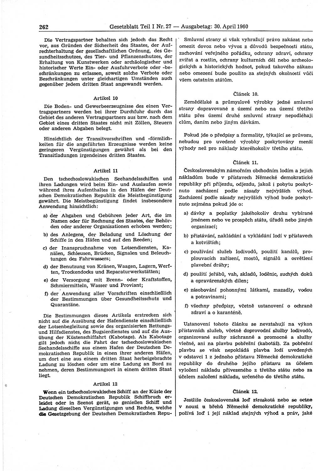 Gesetzblatt (GBl.) der Deutschen Demokratischen Republik (DDR) Teil Ⅰ 1960, Seite 262 (GBl. DDR Ⅰ 1960, S. 262)