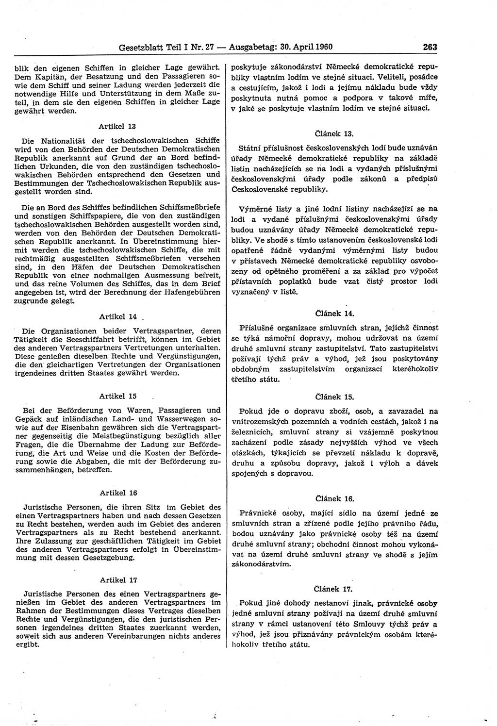 Gesetzblatt (GBl.) der Deutschen Demokratischen Republik (DDR) Teil Ⅰ 1960, Seite 263 (GBl. DDR Ⅰ 1960, S. 263)