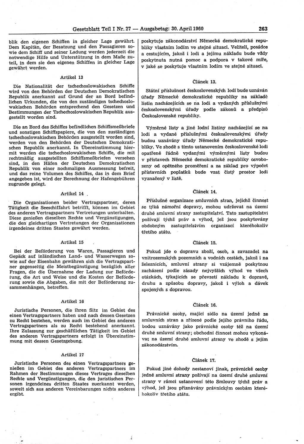 Gesetzblatt (GBl.) der Deutschen Demokratischen Republik (DDR) Teil Ⅰ 1960, Seite 263 (GBl. DDR Ⅰ 1960, S. 263)