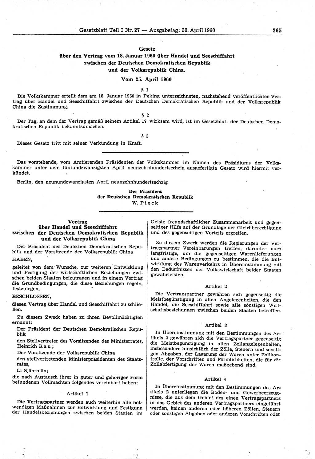 Gesetzblatt (GBl.) der Deutschen Demokratischen Republik (DDR) Teil Ⅰ 1960, Seite 265 (GBl. DDR Ⅰ 1960, S. 265)