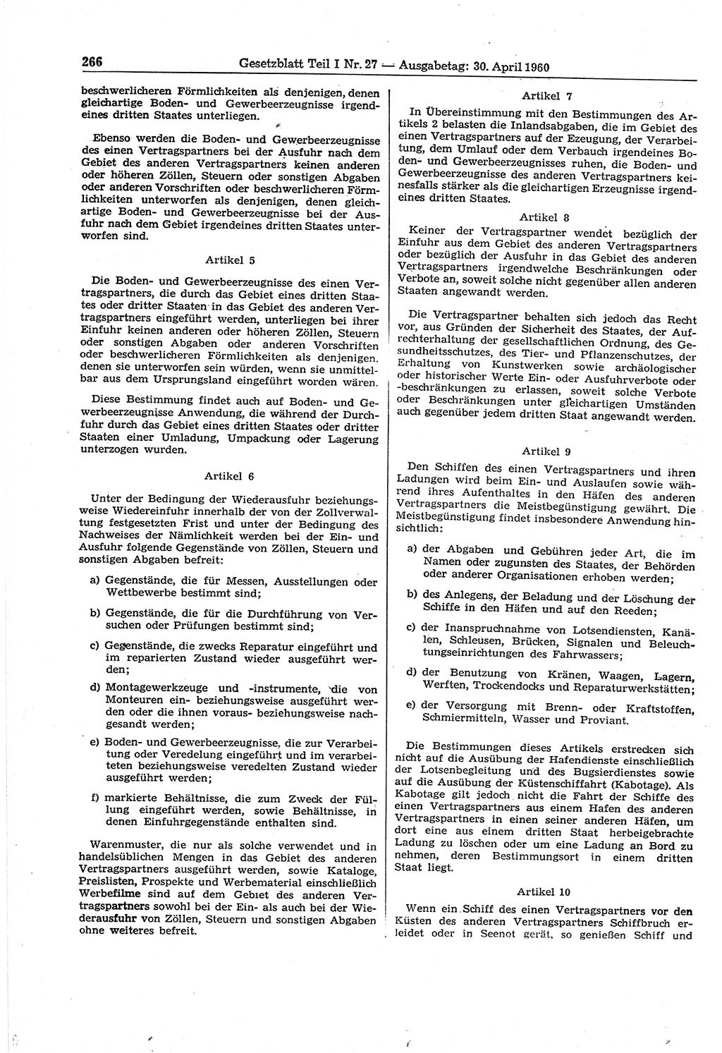 Gesetzblatt (GBl.) der Deutschen Demokratischen Republik (DDR) Teil Ⅰ 1960, Seite 266 (GBl. DDR Ⅰ 1960, S. 266)