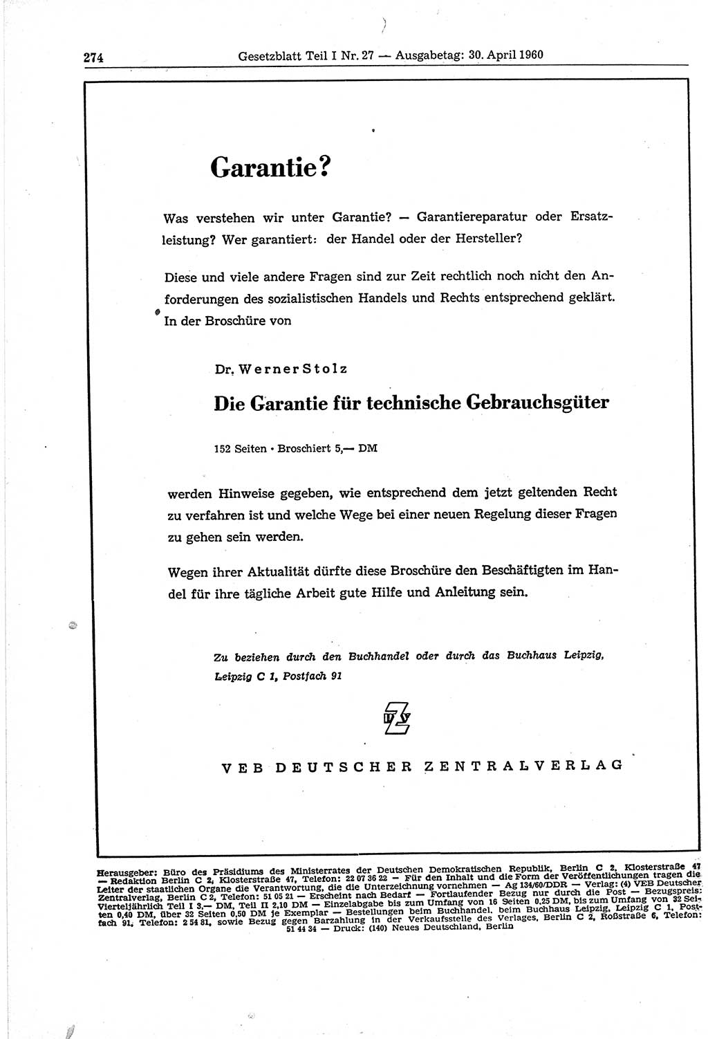 Gesetzblatt (GBl.) der Deutschen Demokratischen Republik (DDR) Teil Ⅰ 1960, Seite 274 (GBl. DDR Ⅰ 1960, S. 274)