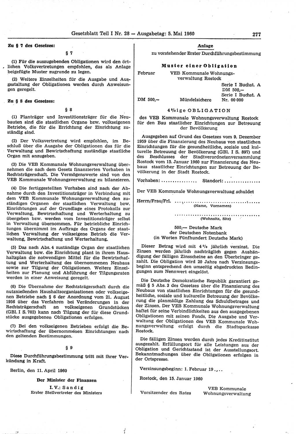 Gesetzblatt (GBl.) der Deutschen Demokratischen Republik (DDR) Teil Ⅰ 1960, Seite 277 (GBl. DDR Ⅰ 1960, S. 277)