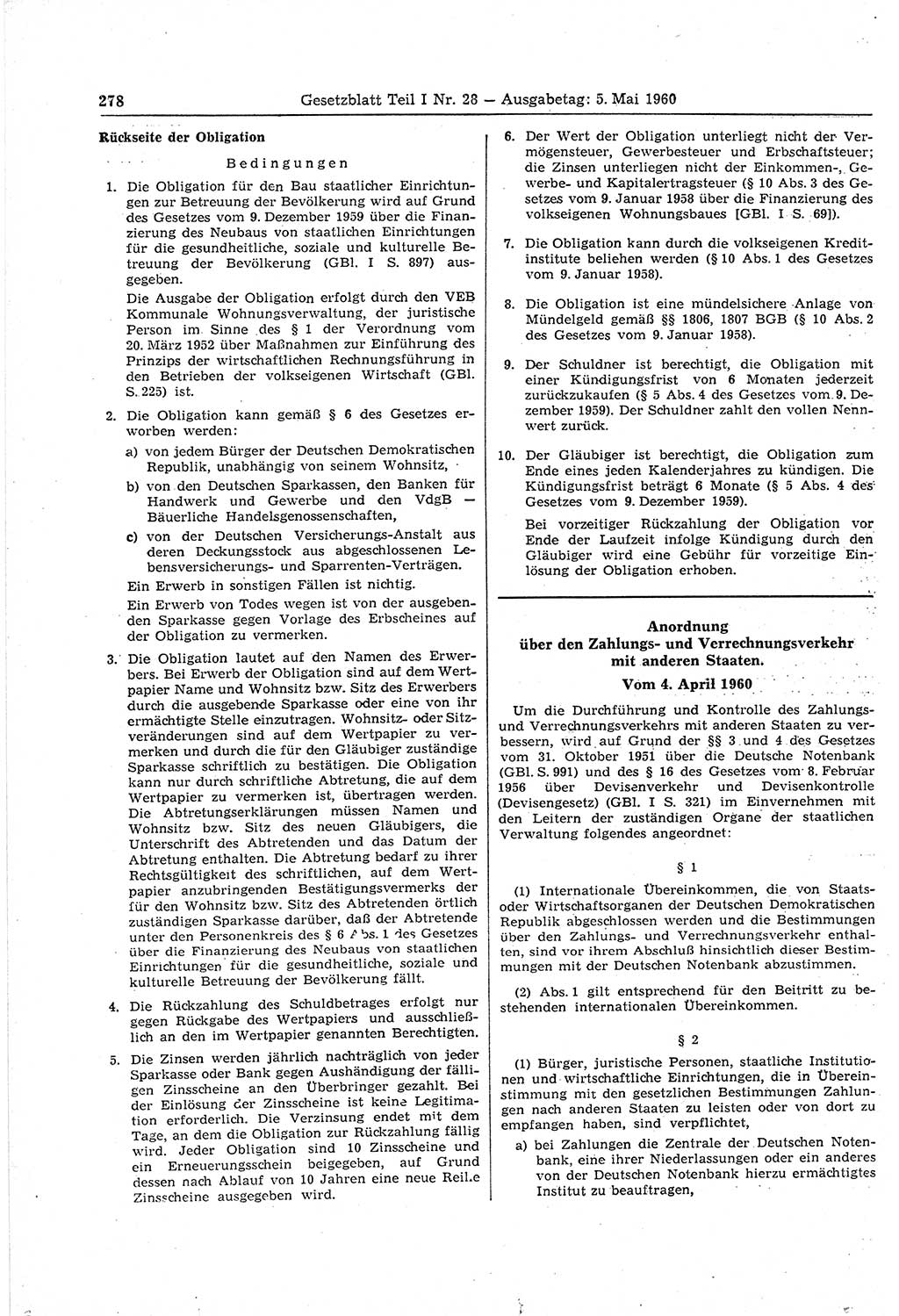 Gesetzblatt (GBl.) der Deutschen Demokratischen Republik (DDR) Teil Ⅰ 1960, Seite 278 (GBl. DDR Ⅰ 1960, S. 278)