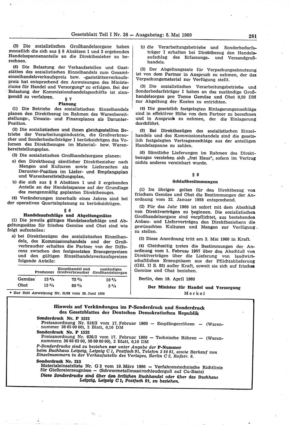 Gesetzblatt (GBl.) der Deutschen Demokratischen Republik (DDR) Teil Ⅰ 1960, Seite 281 (GBl. DDR Ⅰ 1960, S. 281)