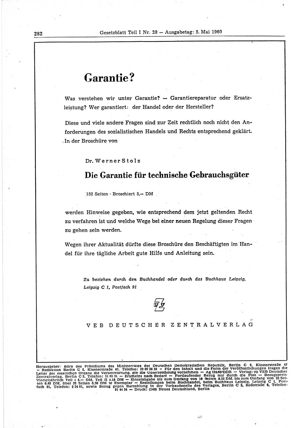 Gesetzblatt (GBl.) der Deutschen Demokratischen Republik (DDR) Teil Ⅰ 1960, Seite 282 (GBl. DDR Ⅰ 1960, S. 282)