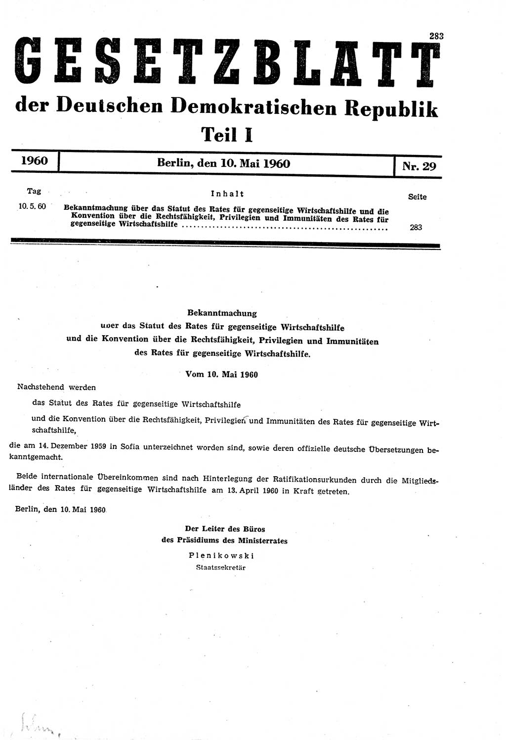 Gesetzblatt (GBl.) der Deutschen Demokratischen Republik (DDR) Teil Ⅰ 1960, Seite 283 (GBl. DDR Ⅰ 1960, S. 283)