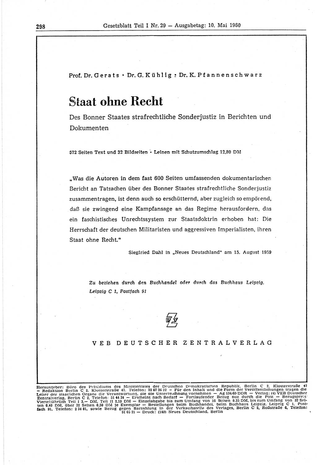Gesetzblatt (GBl.) der Deutschen Demokratischen Republik (DDR) Teil Ⅰ 1960, Seite 298 (GBl. DDR Ⅰ 1960, S. 298)