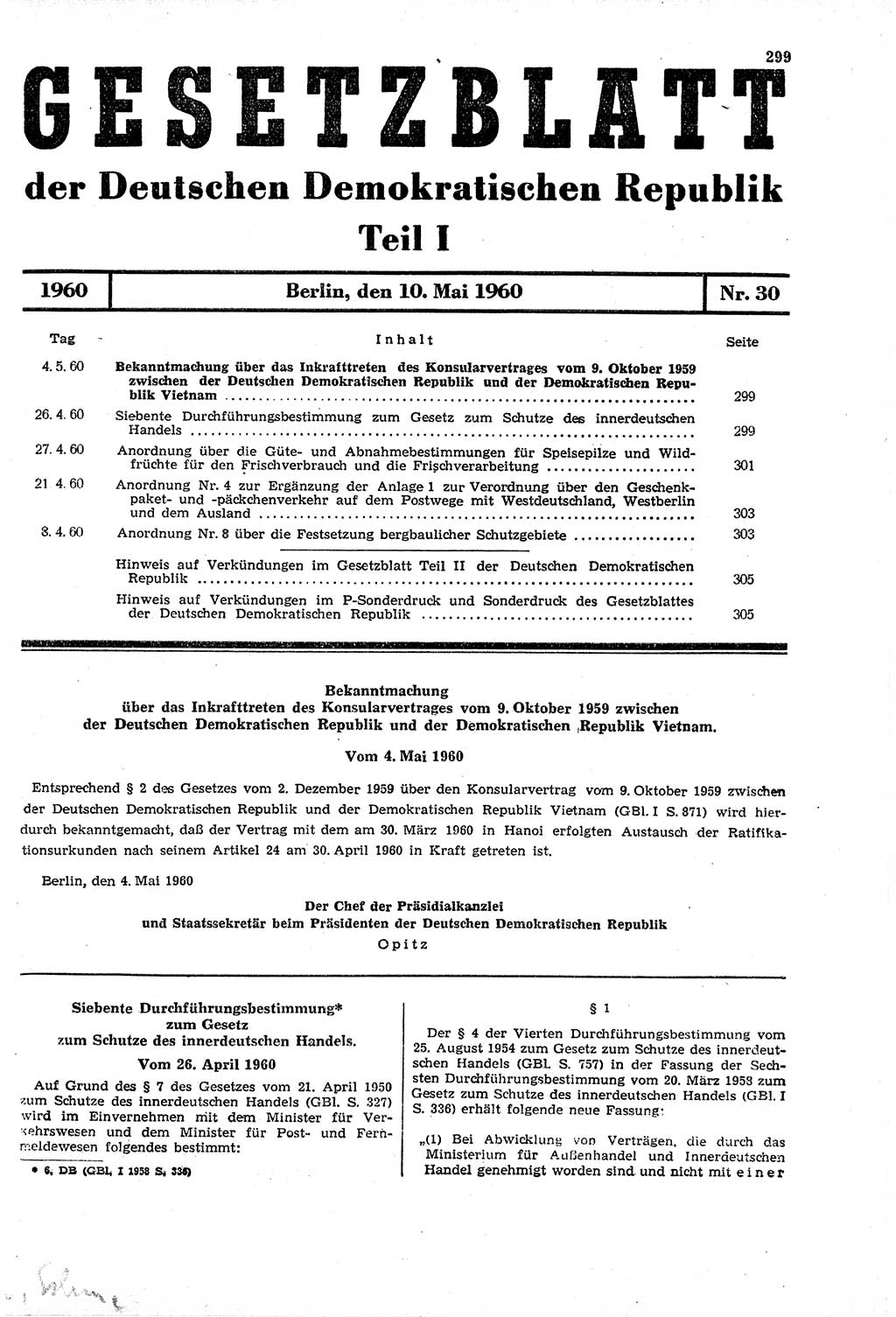 Gesetzblatt (GBl.) der Deutschen Demokratischen Republik (DDR) Teil Ⅰ 1960, Seite 299 (GBl. DDR Ⅰ 1960, S. 299)
