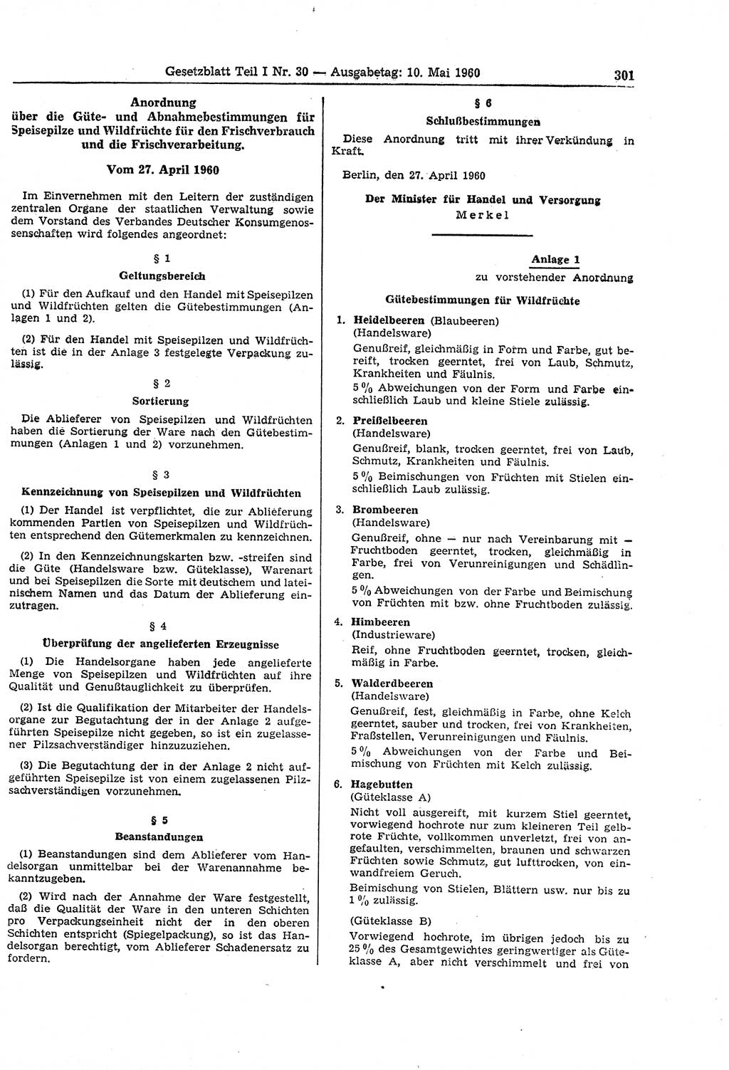 Gesetzblatt (GBl.) der Deutschen Demokratischen Republik (DDR) Teil Ⅰ 1960, Seite 301 (GBl. DDR Ⅰ 1960, S. 301)