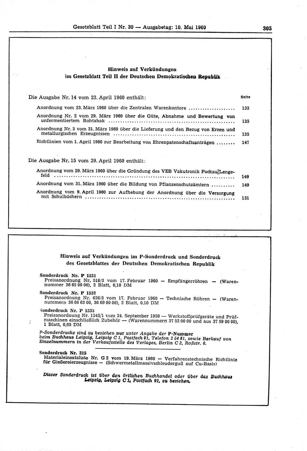 Gesetzblatt (GBl.) der Deutschen Demokratischen Republik (DDR) Teil Ⅰ 1960, Seite 305 (GBl. DDR Ⅰ 1960, S. 305)