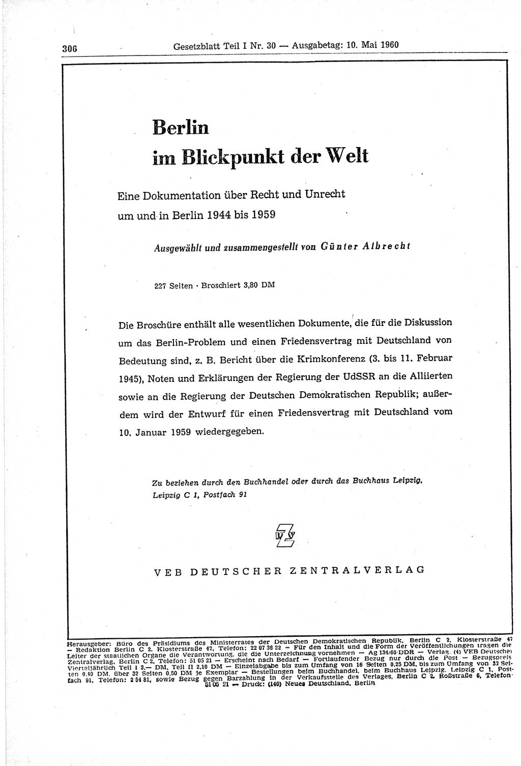 Gesetzblatt (GBl.) der Deutschen Demokratischen Republik (DDR) Teil Ⅰ 1960, Seite 306 (GBl. DDR Ⅰ 1960, S. 306)