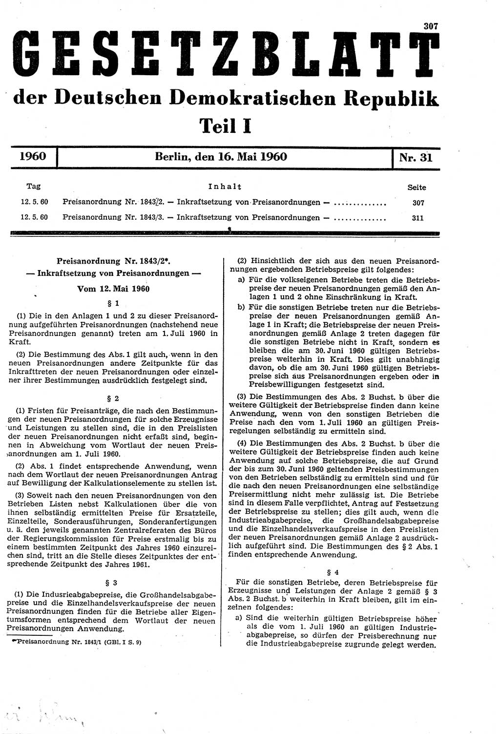 Gesetzblatt (GBl.) der Deutschen Demokratischen Republik (DDR) Teil Ⅰ 1960, Seite 307 (GBl. DDR Ⅰ 1960, S. 307)