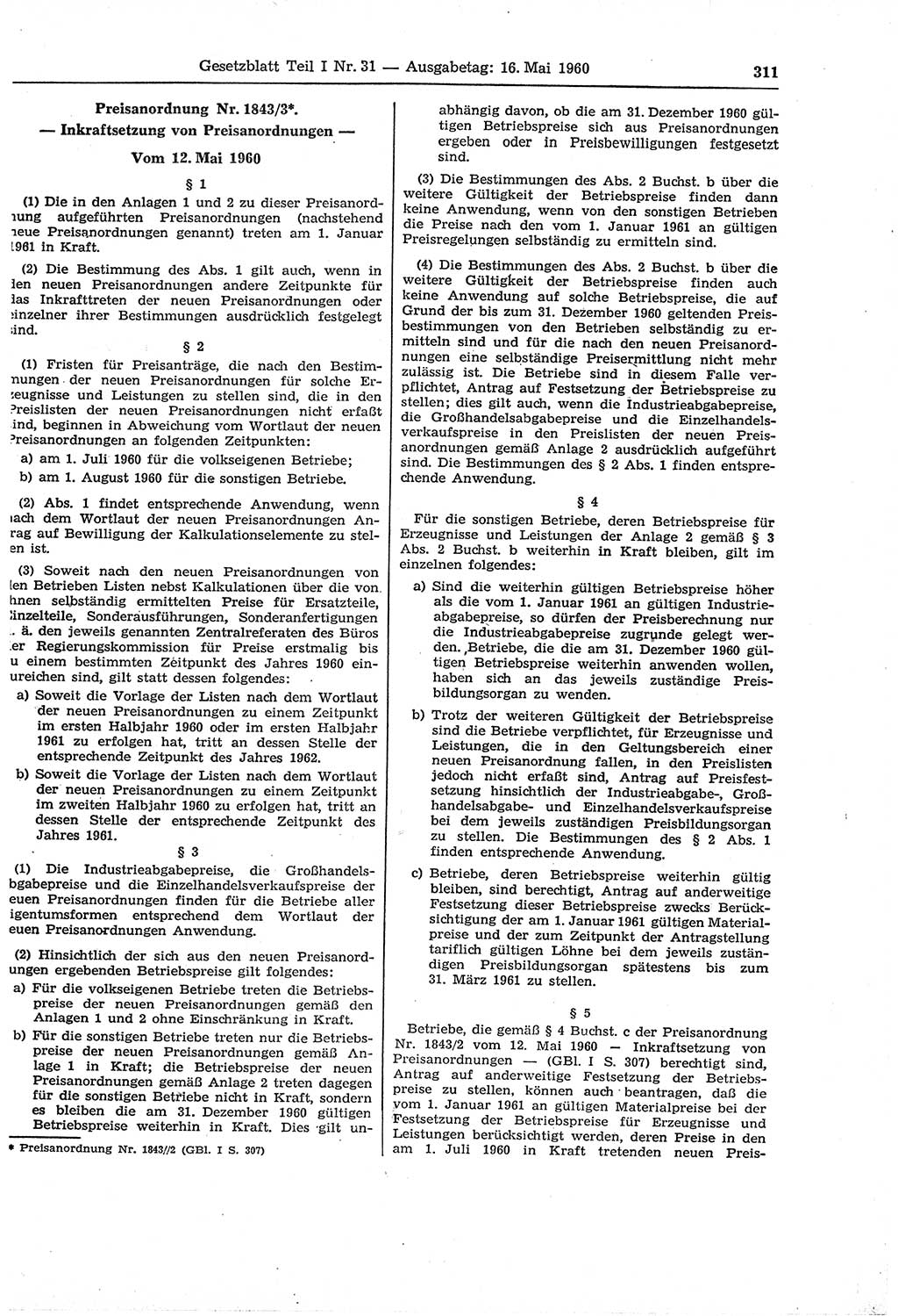 Gesetzblatt (GBl.) der Deutschen Demokratischen Republik (DDR) Teil Ⅰ 1960, Seite 311 (GBl. DDR Ⅰ 1960, S. 311)