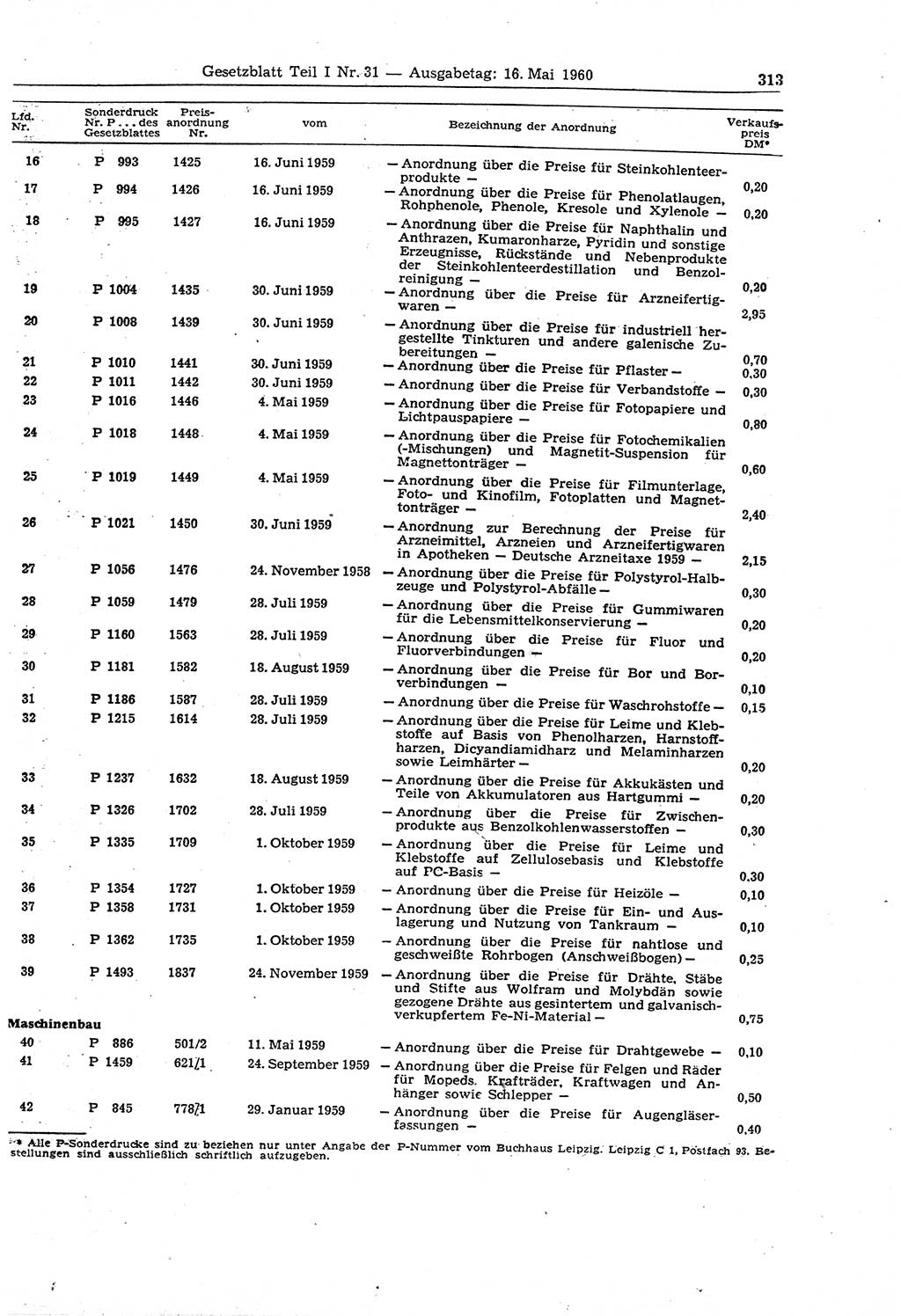 Gesetzblatt (GBl.) der Deutschen Demokratischen Republik (DDR) Teil Ⅰ 1960, Seite 313 (GBl. DDR Ⅰ 1960, S. 313)