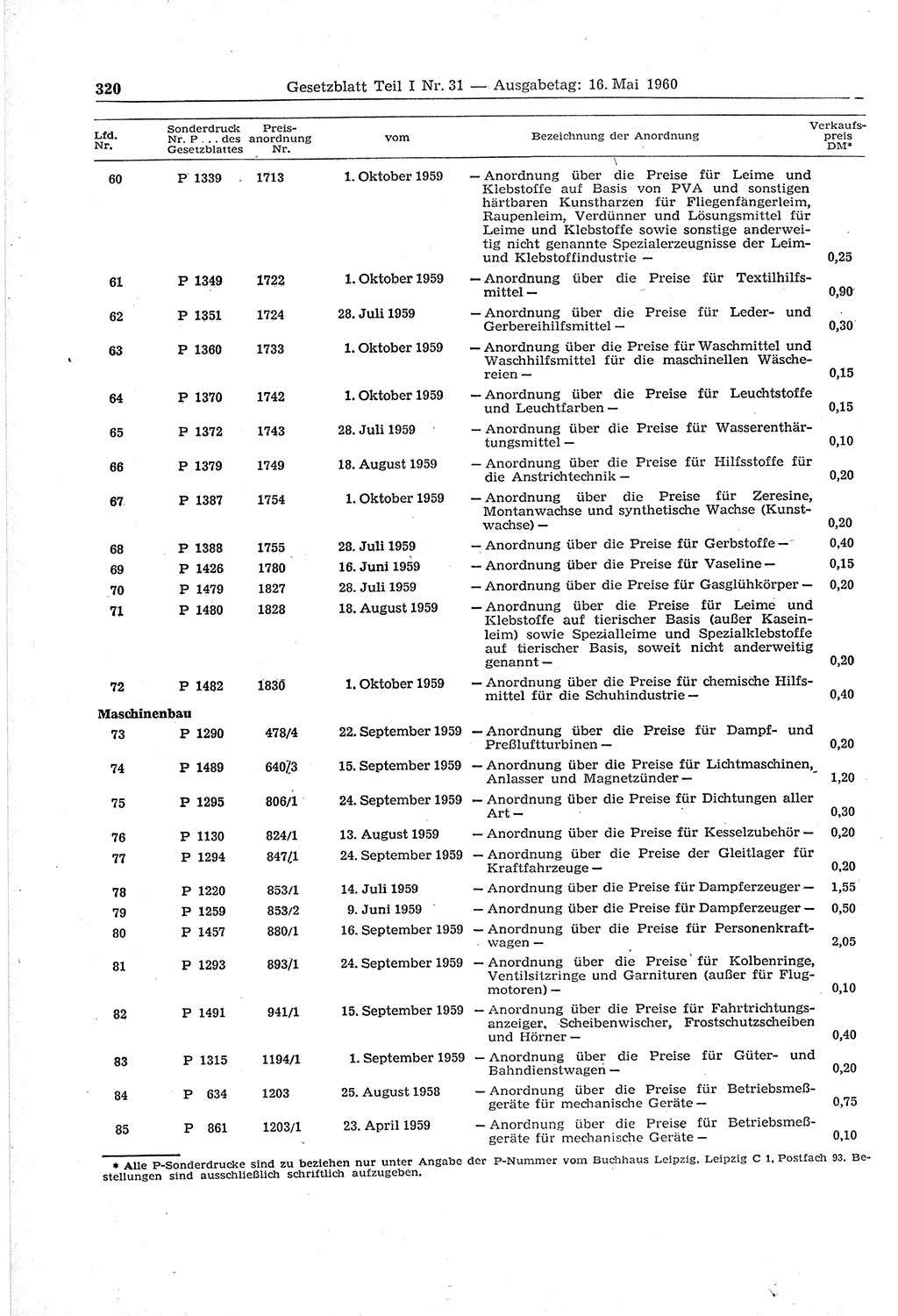 Gesetzblatt (GBl.) der Deutschen Demokratischen Republik (DDR) Teil Ⅰ 1960, Seite 320 (GBl. DDR Ⅰ 1960, S. 320)