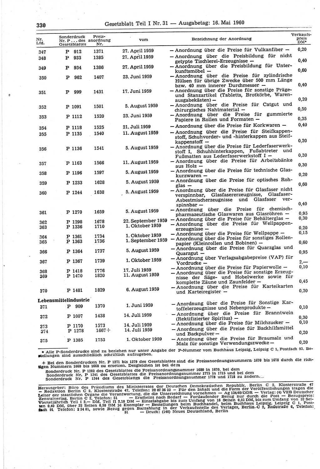 Gesetzblatt (GBl.) der Deutschen Demokratischen Republik (DDR) Teil Ⅰ 1960, Seite 330 (GBl. DDR Ⅰ 1960, S. 330)