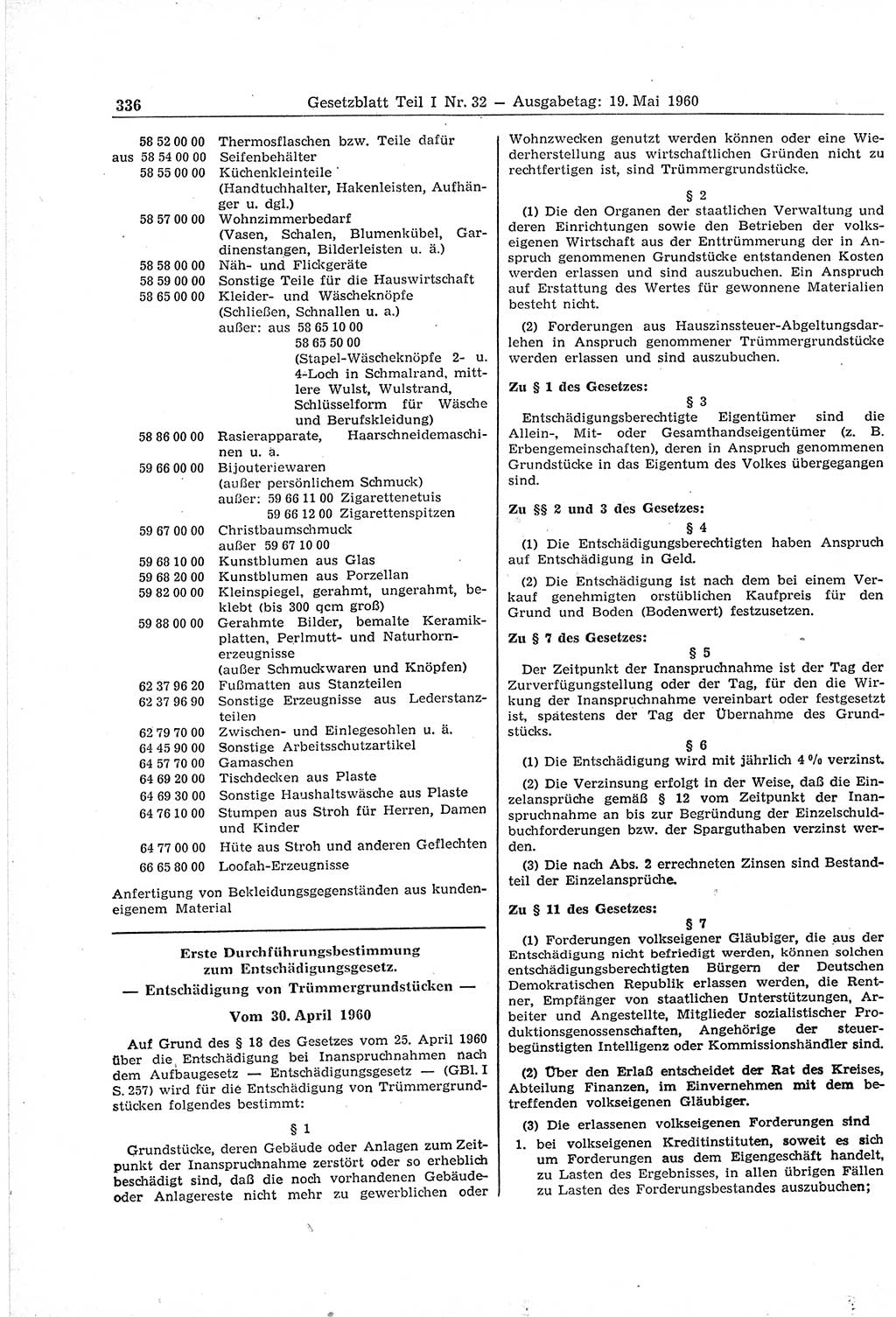 Gesetzblatt (GBl.) der Deutschen Demokratischen Republik (DDR) Teil Ⅰ 1960, Seite 336 (GBl. DDR Ⅰ 1960, S. 336)