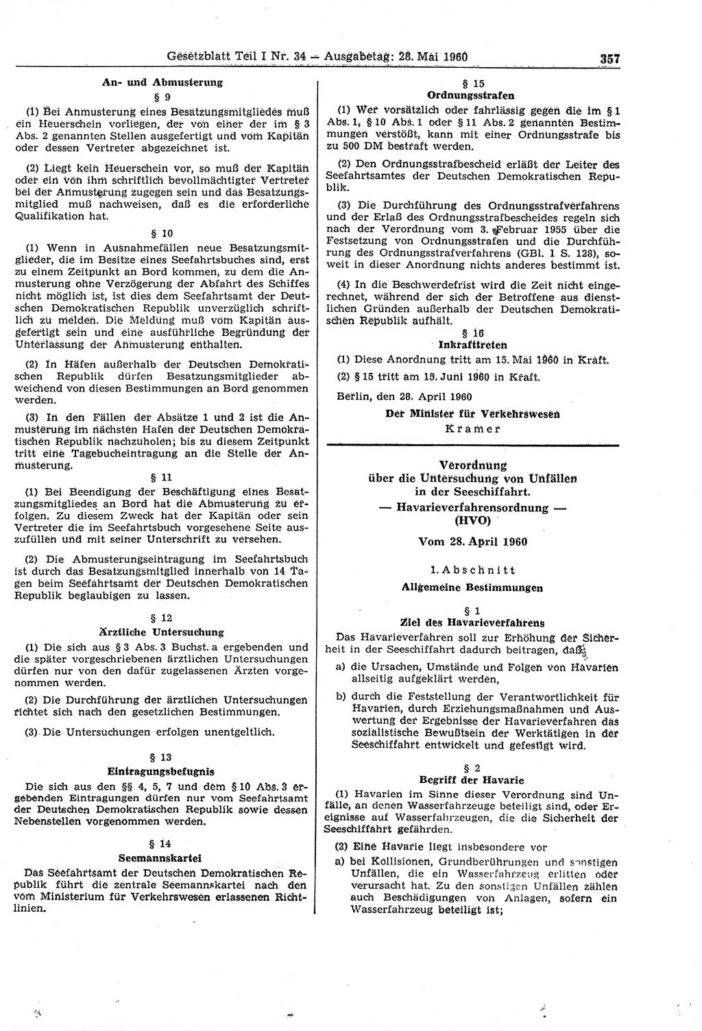 Gesetzblatt (GBl.) der Deutschen Demokratischen Republik (DDR) Teil Ⅰ 1960, Seite 357 (GBl. DDR Ⅰ 1960, S. 357)