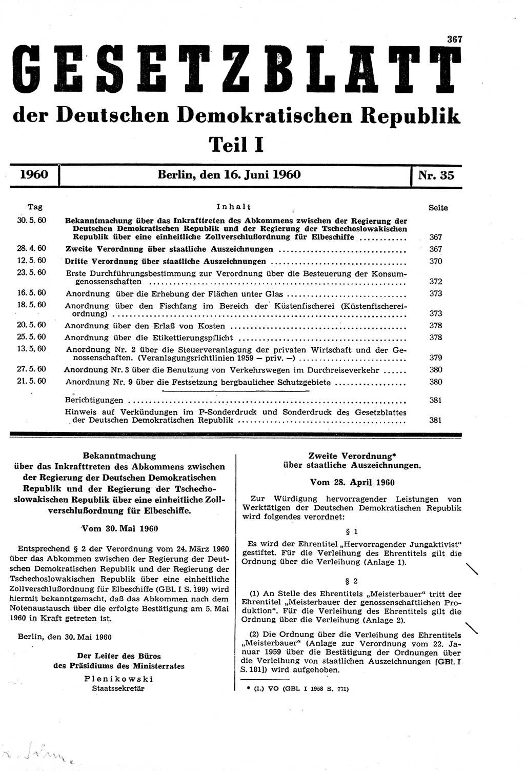 Gesetzblatt (GBl.) der Deutschen Demokratischen Republik (DDR) Teil Ⅰ 1960, Seite 367 (GBl. DDR Ⅰ 1960, S. 367)