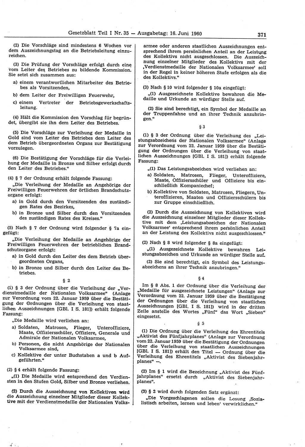 Gesetzblatt (GBl.) der Deutschen Demokratischen Republik (DDR) Teil Ⅰ 1960, Seite 371 (GBl. DDR Ⅰ 1960, S. 371)