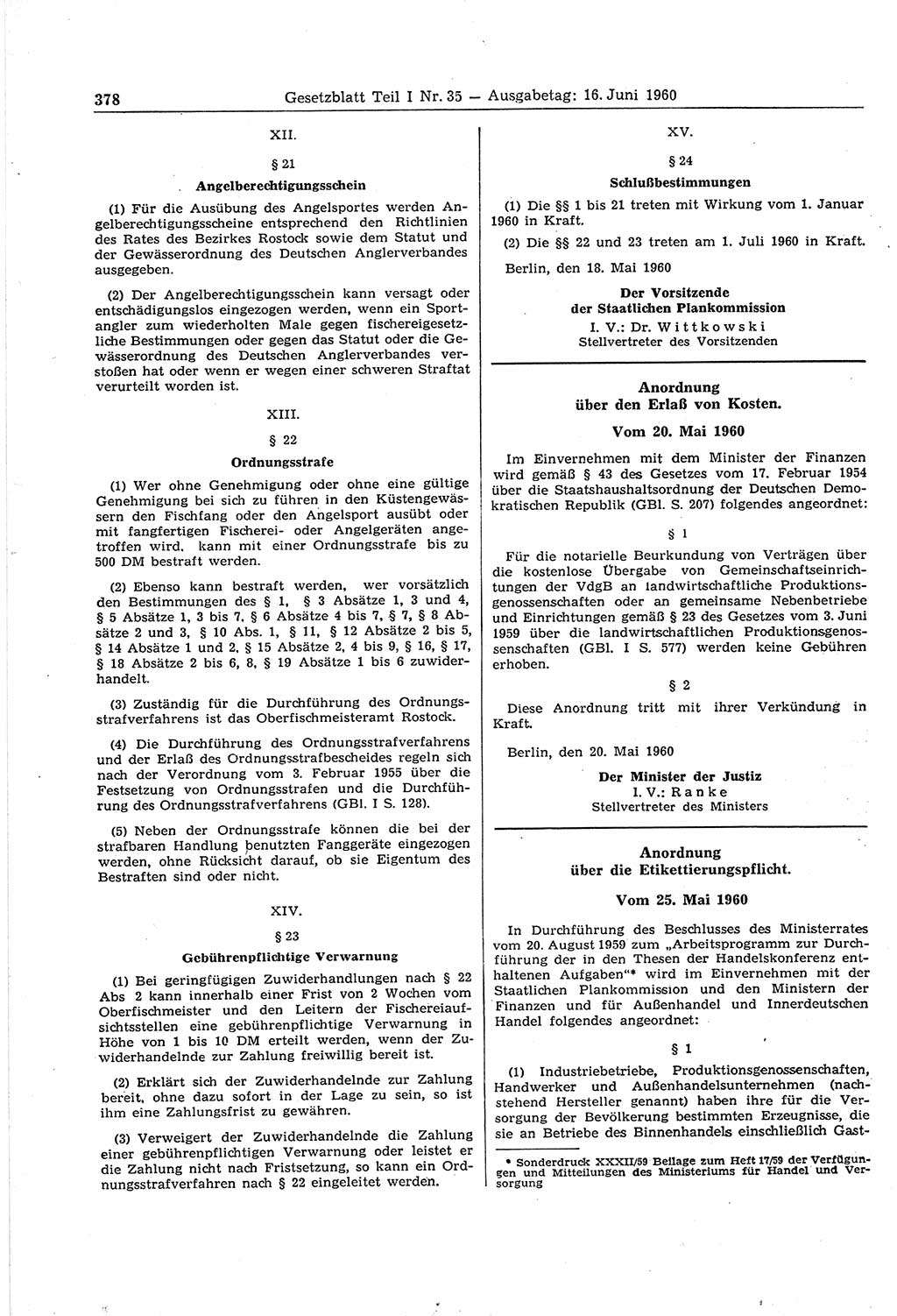 Gesetzblatt (GBl.) der Deutschen Demokratischen Republik (DDR) Teil Ⅰ 1960, Seite 378 (GBl. DDR Ⅰ 1960, S. 378)