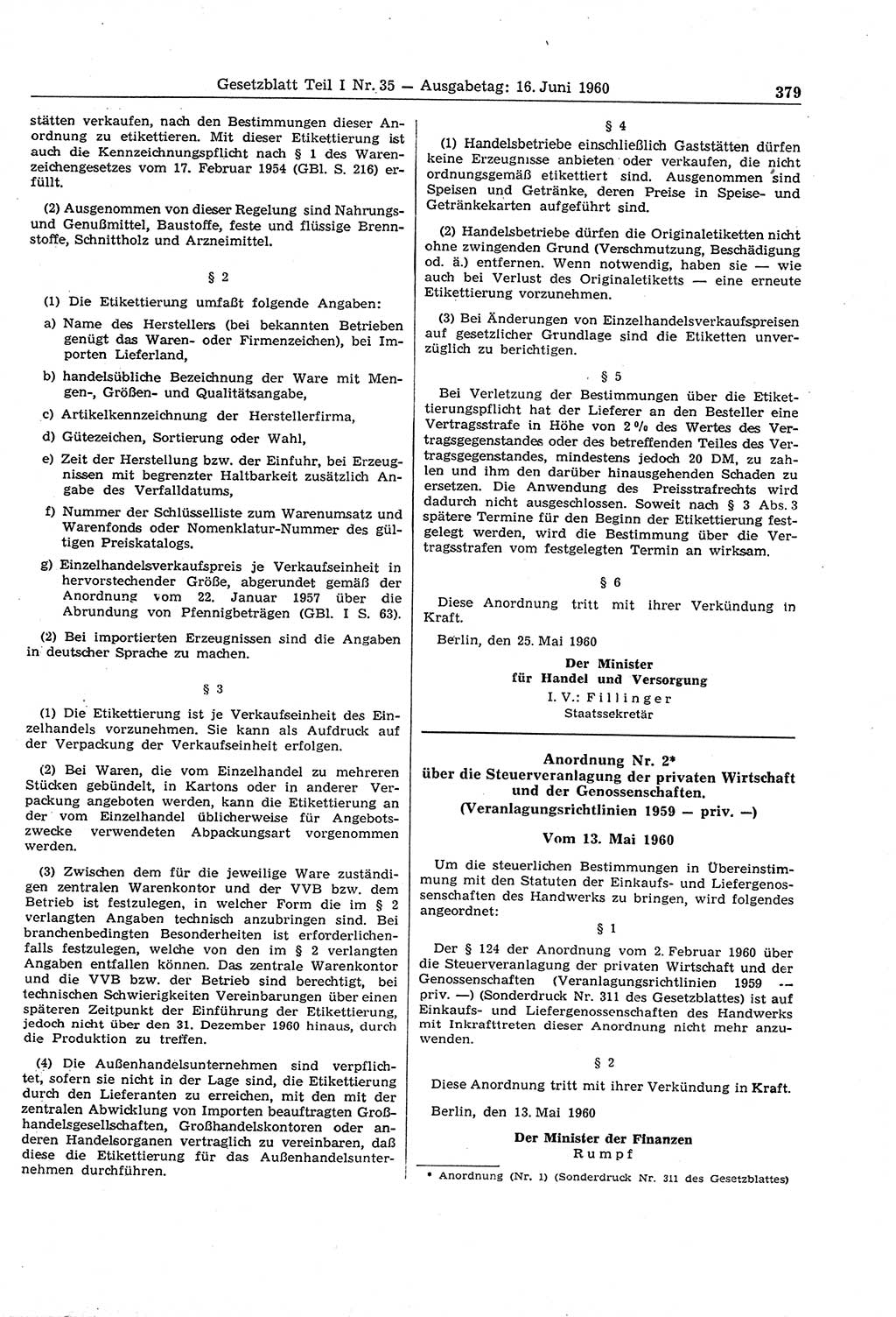 Gesetzblatt (GBl.) der Deutschen Demokratischen Republik (DDR) Teil Ⅰ 1960, Seite 379 (GBl. DDR Ⅰ 1960, S. 379)