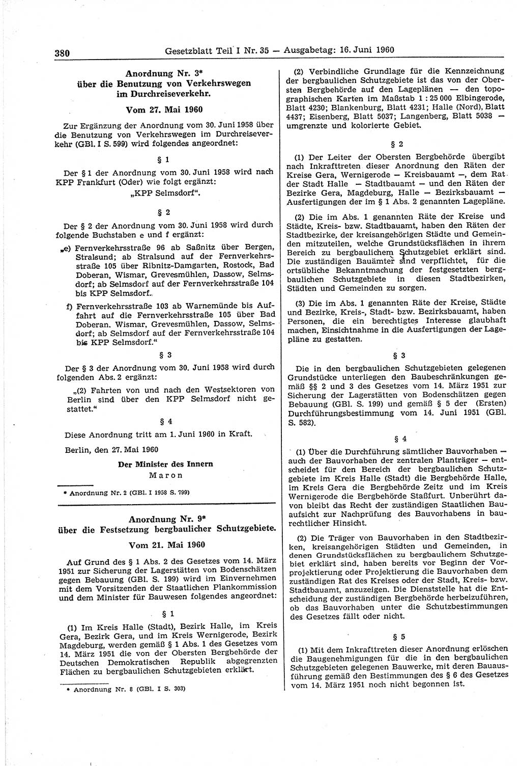 Gesetzblatt (GBl.) der Deutschen Demokratischen Republik (DDR) Teil Ⅰ 1960, Seite 380 (GBl. DDR Ⅰ 1960, S. 380)