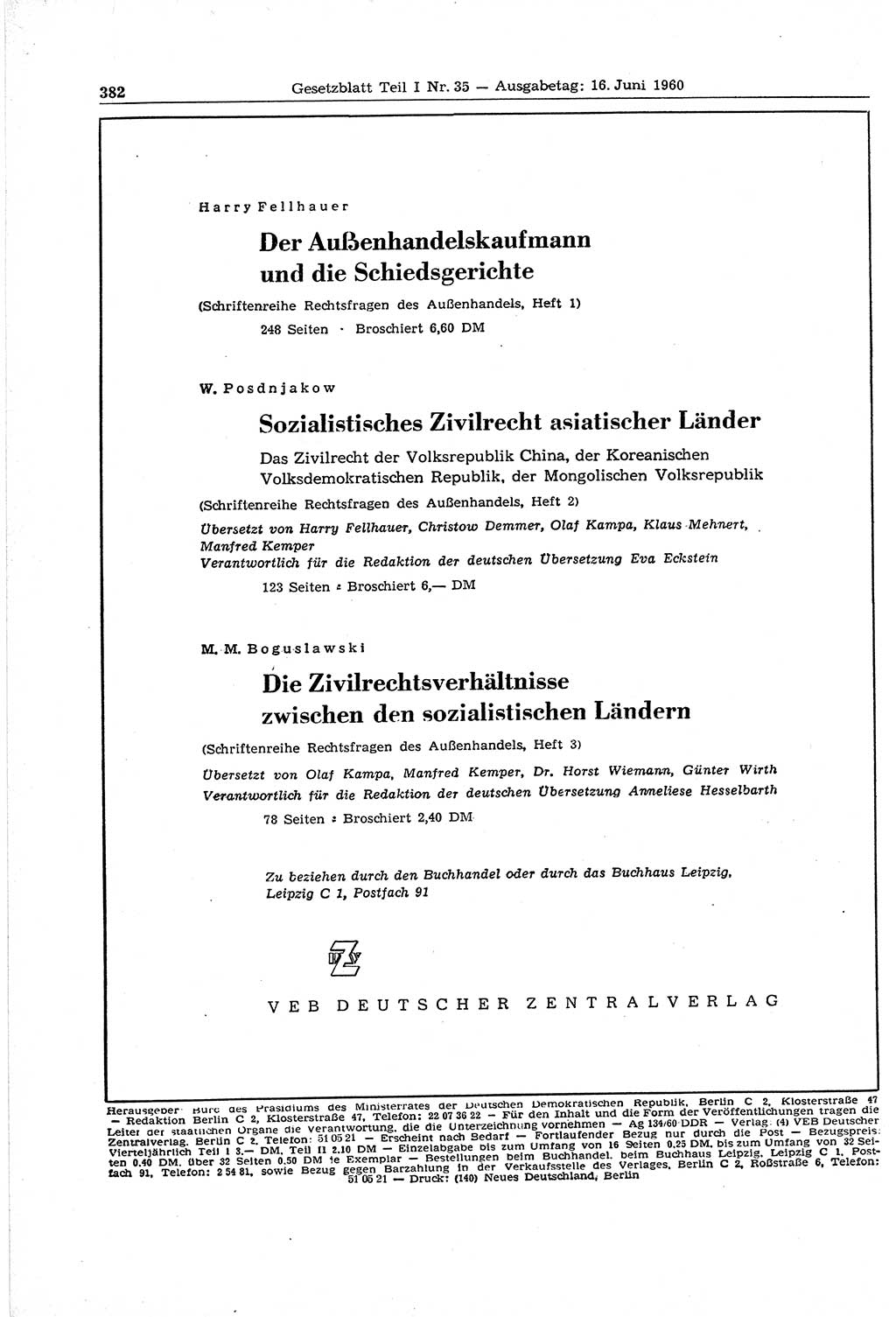 Gesetzblatt (GBl.) der Deutschen Demokratischen Republik (DDR) Teil Ⅰ 1960, Seite 382 (GBl. DDR Ⅰ 1960, S. 382)