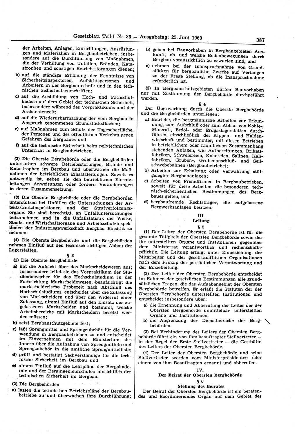 Gesetzblatt (GBl.) der Deutschen Demokratischen Republik (DDR) Teil Ⅰ 1960, Seite 387 (GBl. DDR Ⅰ 1960, S. 387)