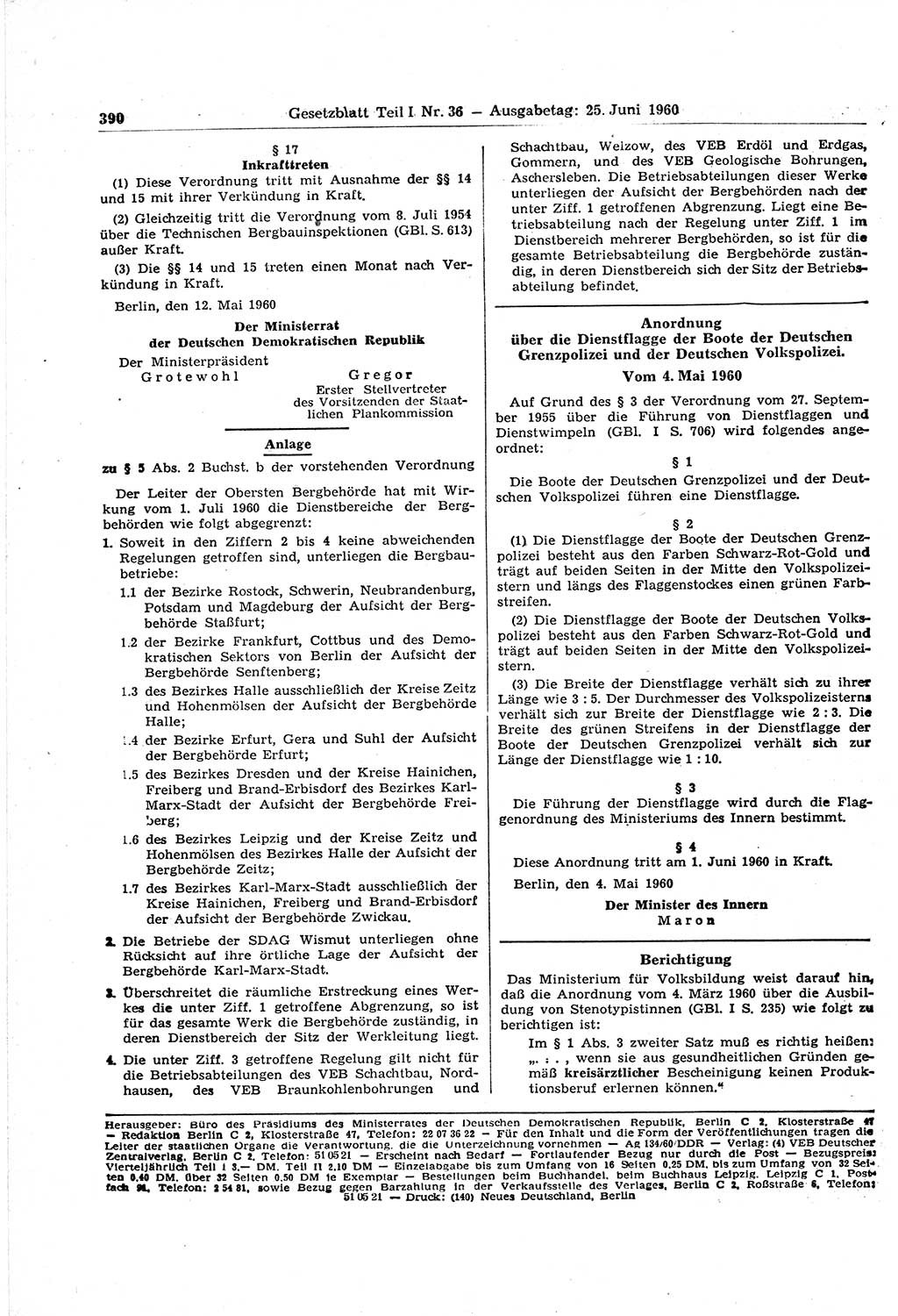 Gesetzblatt (GBl.) der Deutschen Demokratischen Republik (DDR) Teil Ⅰ 1960, Seite 390 (GBl. DDR Ⅰ 1960, S. 390)