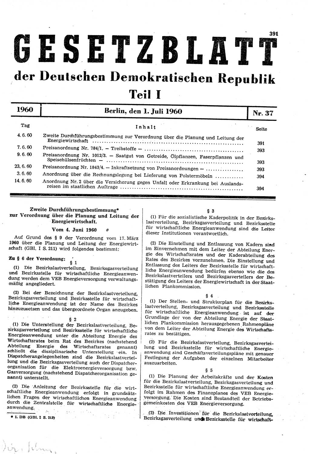 Gesetzblatt (GBl.) der Deutschen Demokratischen Republik (DDR) Teil Ⅰ 1960, Seite 391 (GBl. DDR Ⅰ 1960, S. 391)