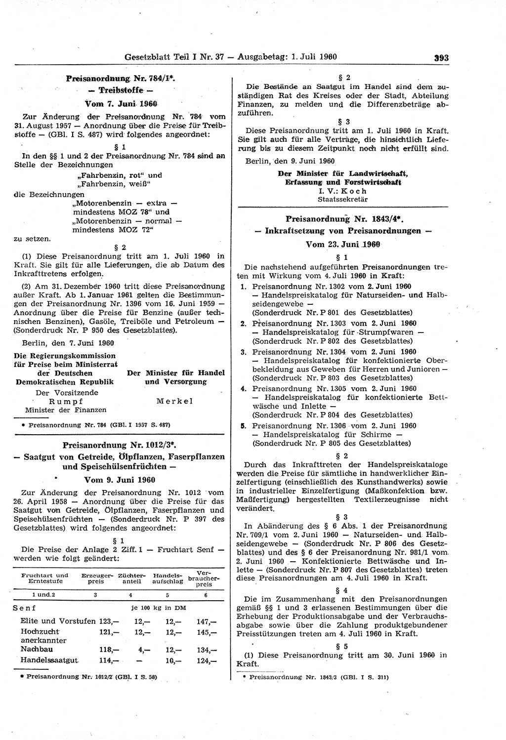 Gesetzblatt (GBl.) der Deutschen Demokratischen Republik (DDR) Teil Ⅰ 1960, Seite 393 (GBl. DDR Ⅰ 1960, S. 393)