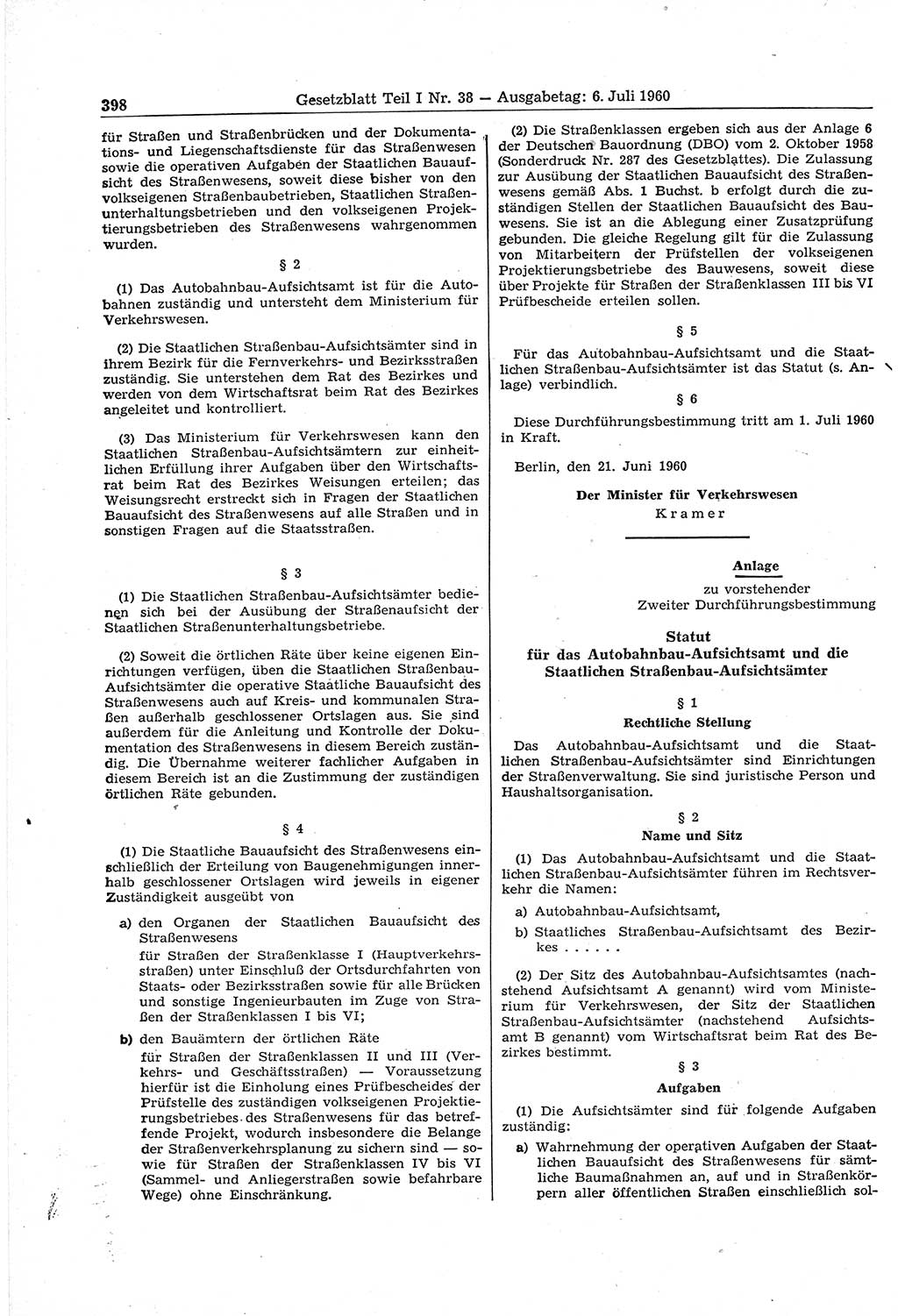 Gesetzblatt (GBl.) der Deutschen Demokratischen Republik (DDR) Teil Ⅰ 1960, Seite 398 (GBl. DDR Ⅰ 1960, S. 398)