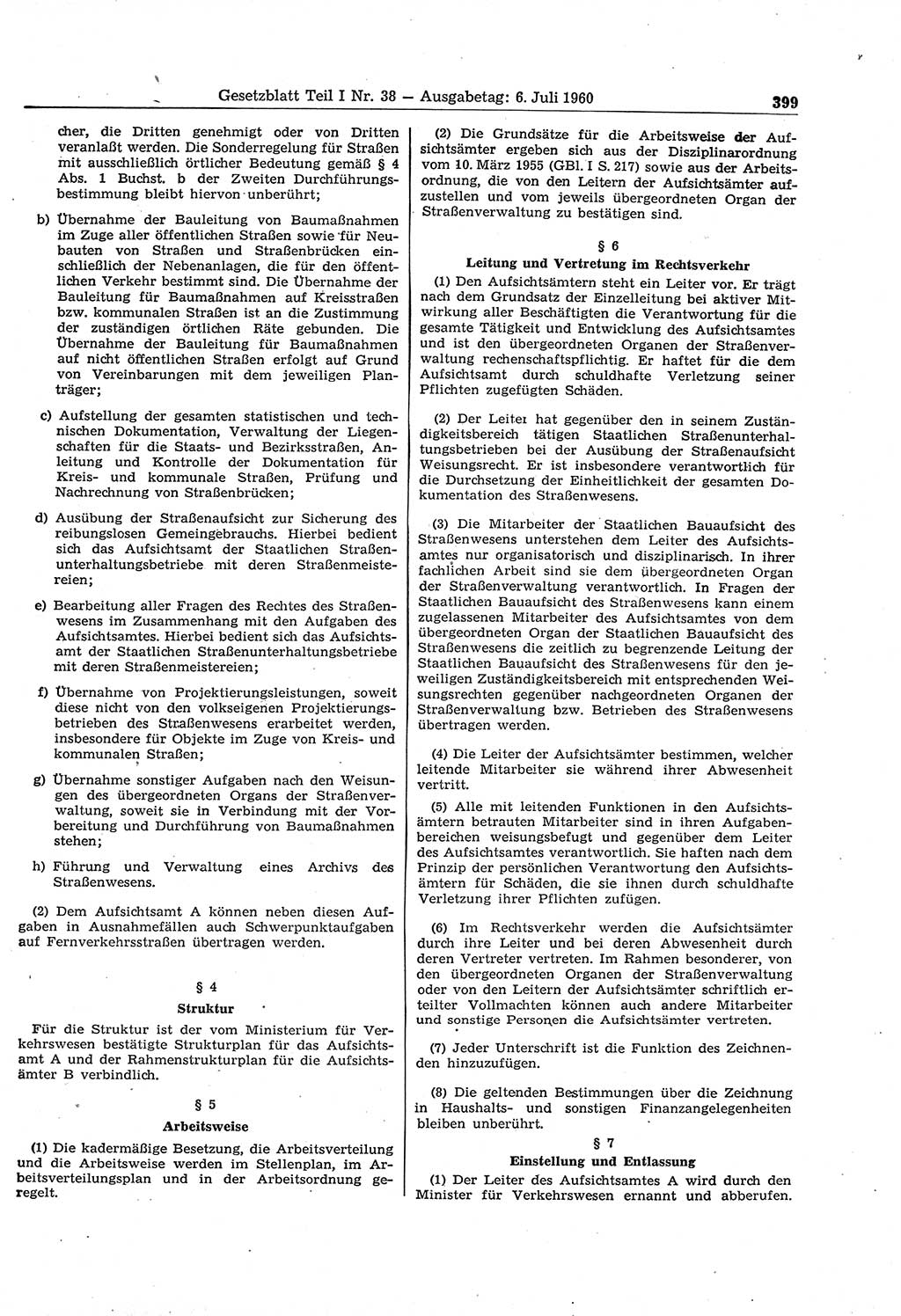 Gesetzblatt (GBl.) der Deutschen Demokratischen Republik (DDR) Teil Ⅰ 1960, Seite 399 (GBl. DDR Ⅰ 1960, S. 399)