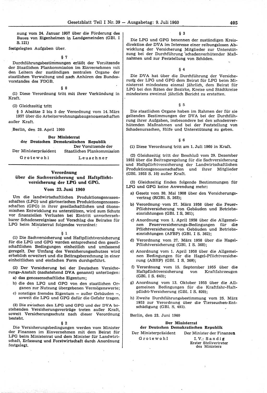 Gesetzblatt (GBl.) der Deutschen Demokratischen Republik (DDR) Teil Ⅰ 1960, Seite 405 (GBl. DDR Ⅰ 1960, S. 405)