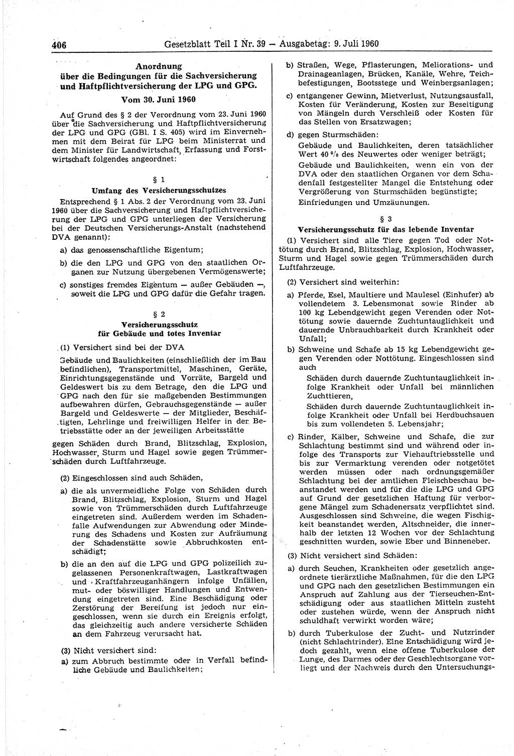 Gesetzblatt (GBl.) der Deutschen Demokratischen Republik (DDR) Teil Ⅰ 1960, Seite 406 (GBl. DDR Ⅰ 1960, S. 406)