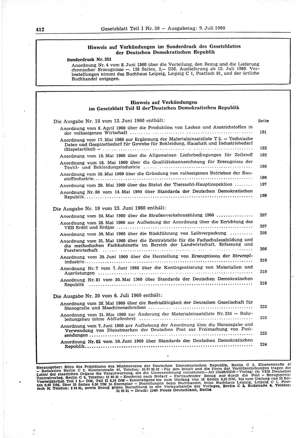 Gesetzblatt (GBl.) der Deutschen Demokratischen Republik (DDR) Teil Ⅰ 1960, Seite 412 (GBl. DDR Ⅰ 1960, S. 412)